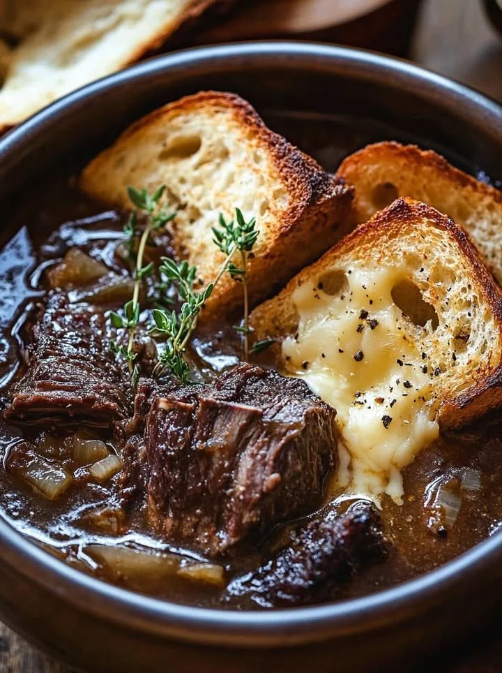 Bowl of French Onion Beef Short Rib Soup garnished with fresh herbs