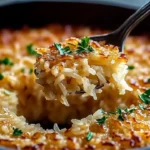 A bowl of French onion butter rice garnished with herbs, showcasing a rich and savory dish.
