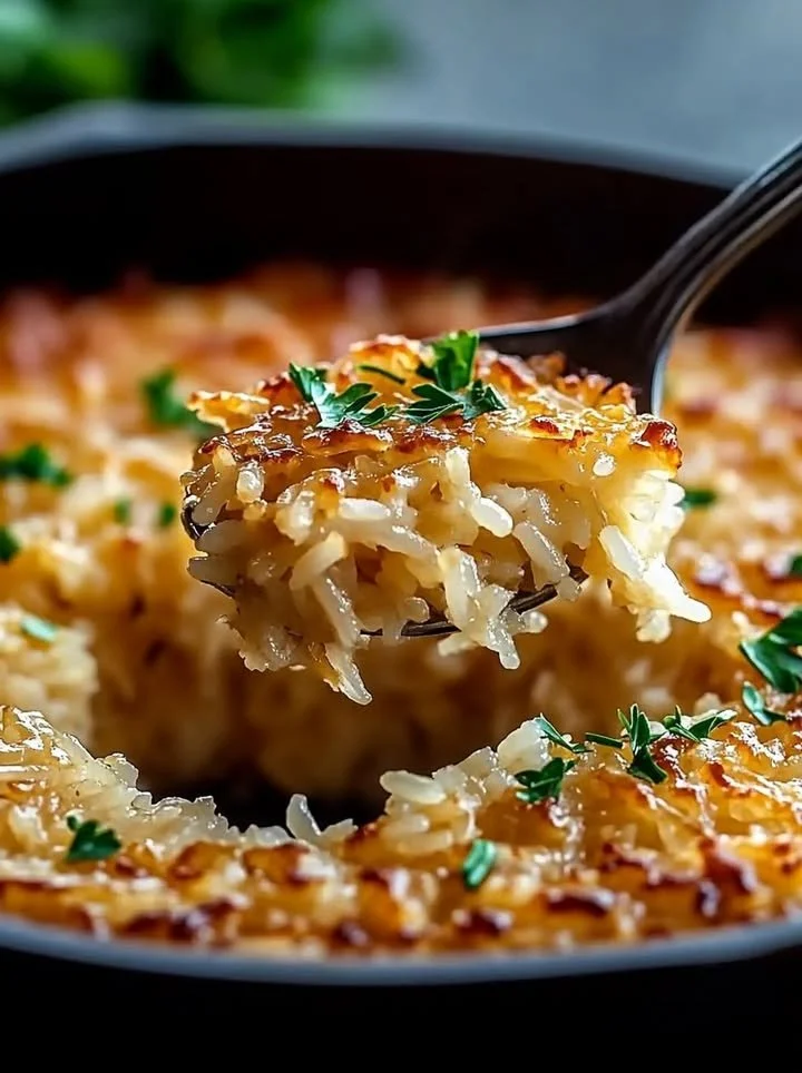 A bowl of French onion butter rice garnished with herbs, showcasing a rich and savory dish.