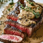 French seared steak served with cognac cream sauce on a plate