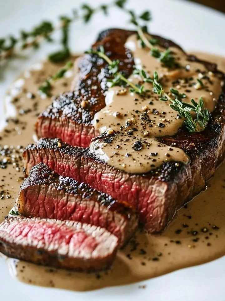 French seared steak served with cognac cream sauce on a plate