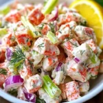 Bowl of fresh and zesty imitation crab salad with colorful vegetables