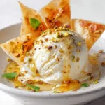 Feta ice cream topped with honey and crispy phyllo shards
