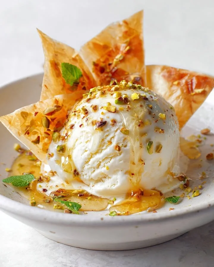 Feta ice cream topped with honey and crispy phyllo shards