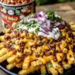Delicious fully loaded chili cheese fries topped with savory chili and cheese