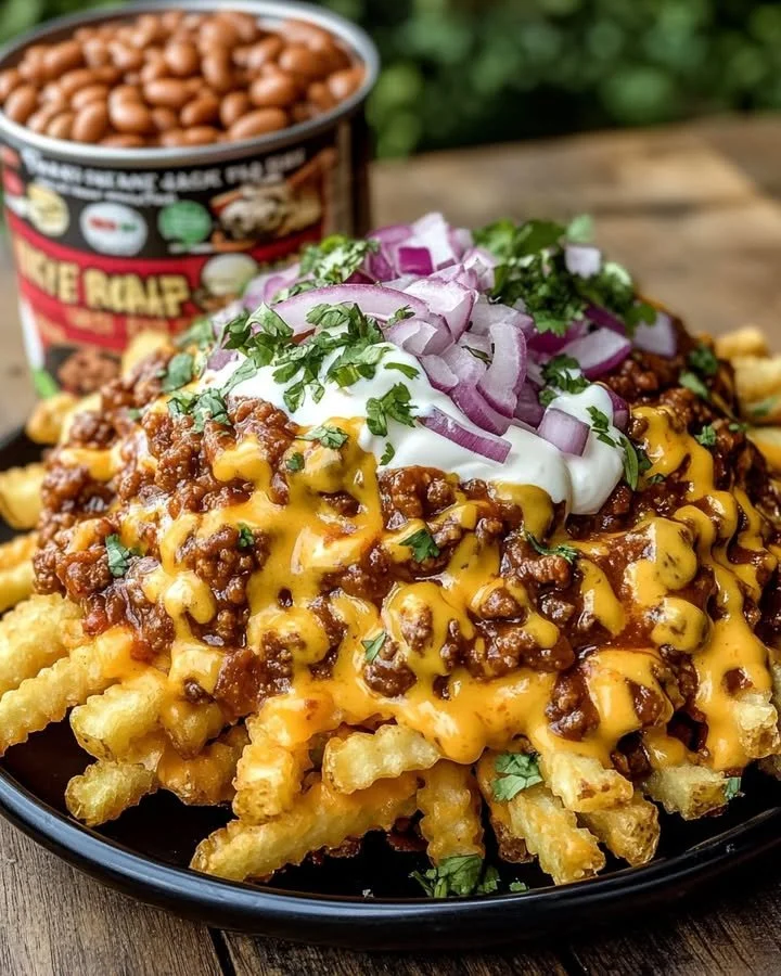 Delicious fully loaded chili cheese fries topped with savory chili and cheese