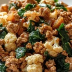 Garlic Butter Ground Turkey with Cauliflower Skillet dish served in a pan