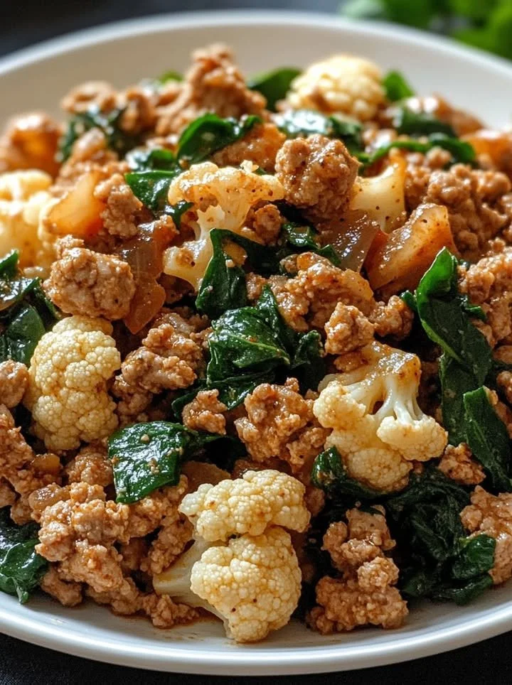 Garlic Butter Ground Turkey with Cauliflower Skillet dish served in a pan