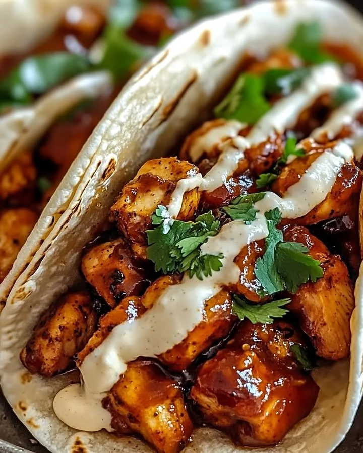 Delicious garlic butter honey BBQ chicken tacos garnished with fresh ingredients.