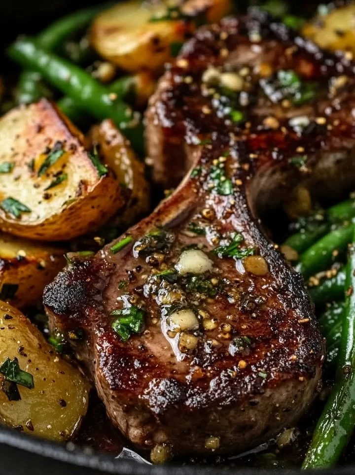 Juicy garlic butter lamb chops garnished with herbs and served on a plate