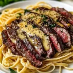 Delicious Garlic Butter Steak served with Lightning Noodles garnished with herbs