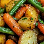 Garlic herb roasted veggies served on a plate with fresh herbs
