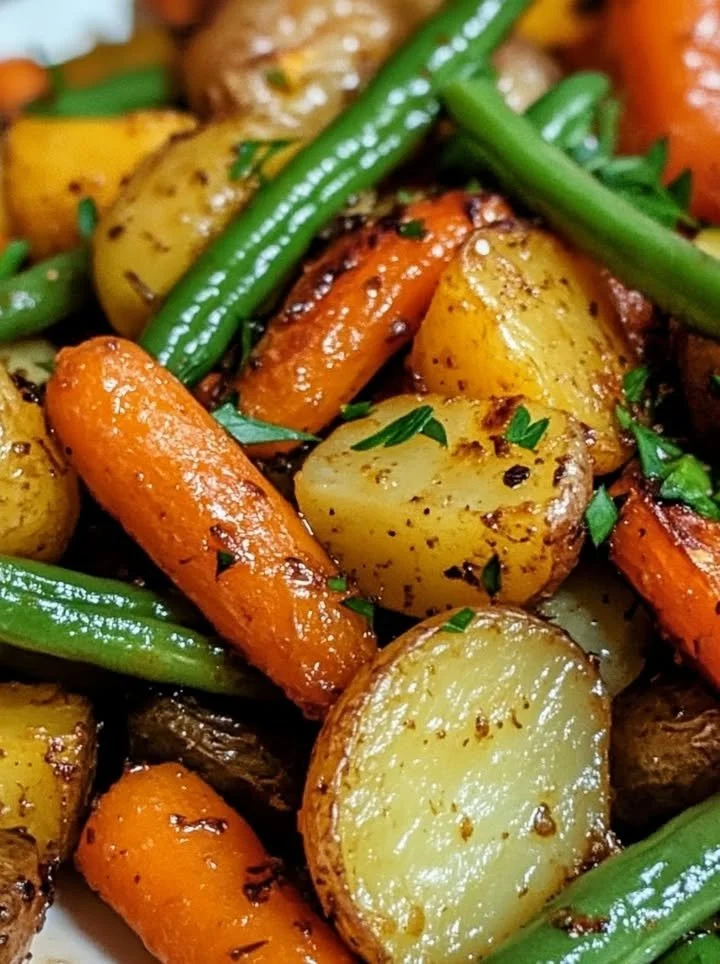 Garlic herb roasted veggies served on a plate with fresh herbs