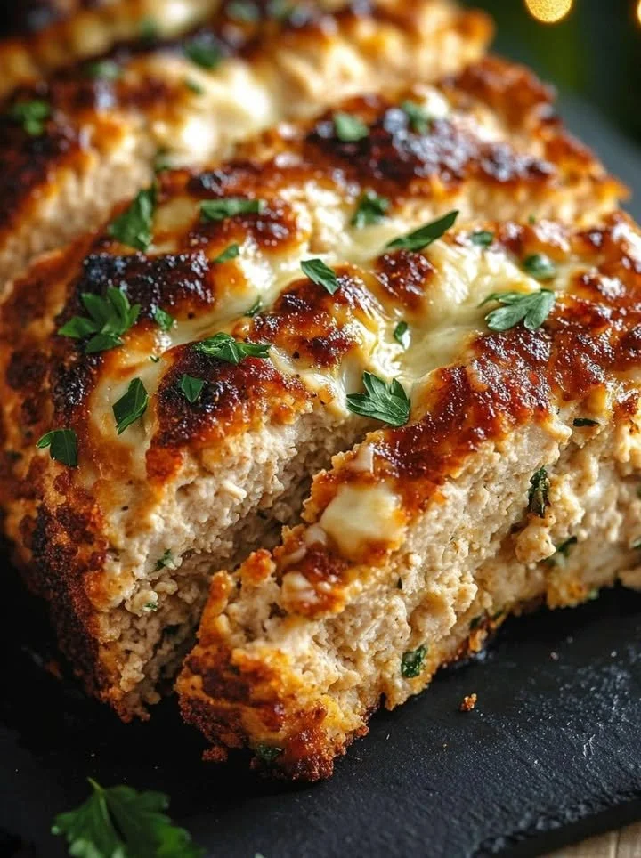 Garlic Parmesan Chicken meatloaf topped with herbs and cheese
