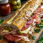 Giant Muffaletta Italian sandwich with layers of meats, cheese, and olive salad