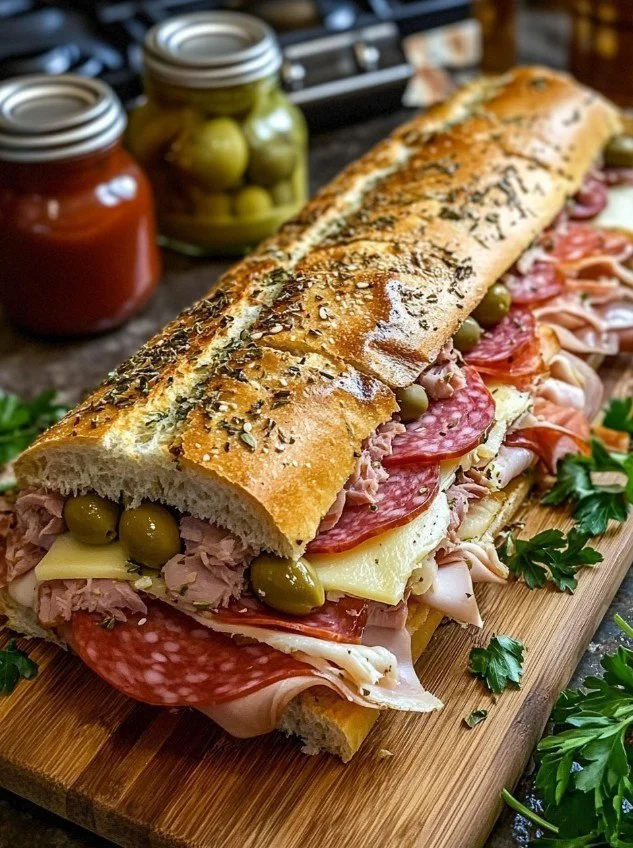 Giant Muffaletta Italian sandwich with layers of meats, cheese, and olive salad