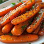 Delicious glazed carrots with honey and herbs served in a dish