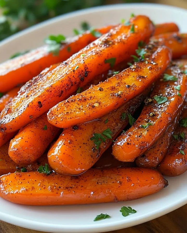 Delicious glazed carrots with honey and herbs served in a dish