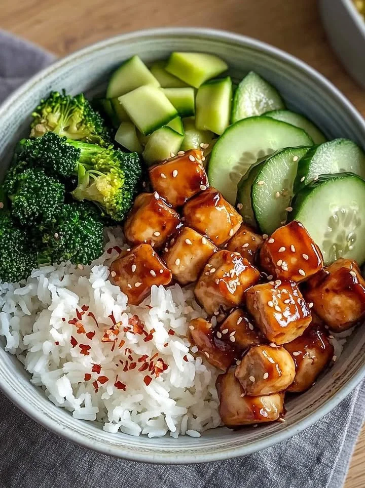 Delicious glazed chicken rice bowl with broccoli and cucumber served in a bowl