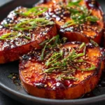 Gochujang and maple glazed sweet potato steaks on a plate.