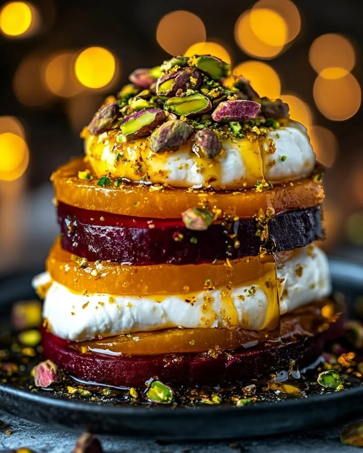 Golden Beet Burrata stacks with pistachio and citrus zest on a plate