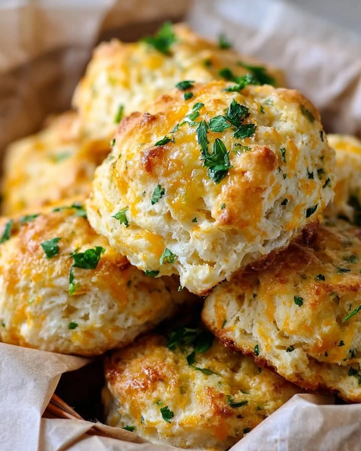 Golden Cheddar Bay Biscuits with garlic herb butter on a platter