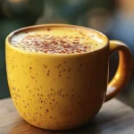 Golden Glow Turmeric Latte in a cup with spices on the table