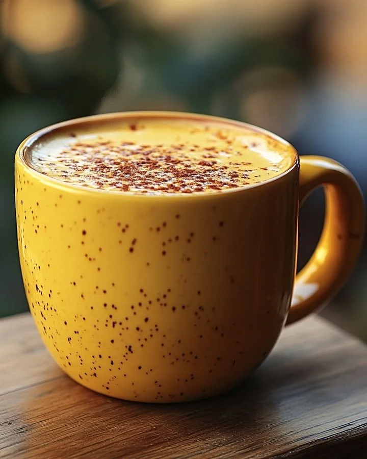 Golden Glow Turmeric Latte in a cup with spices on the table