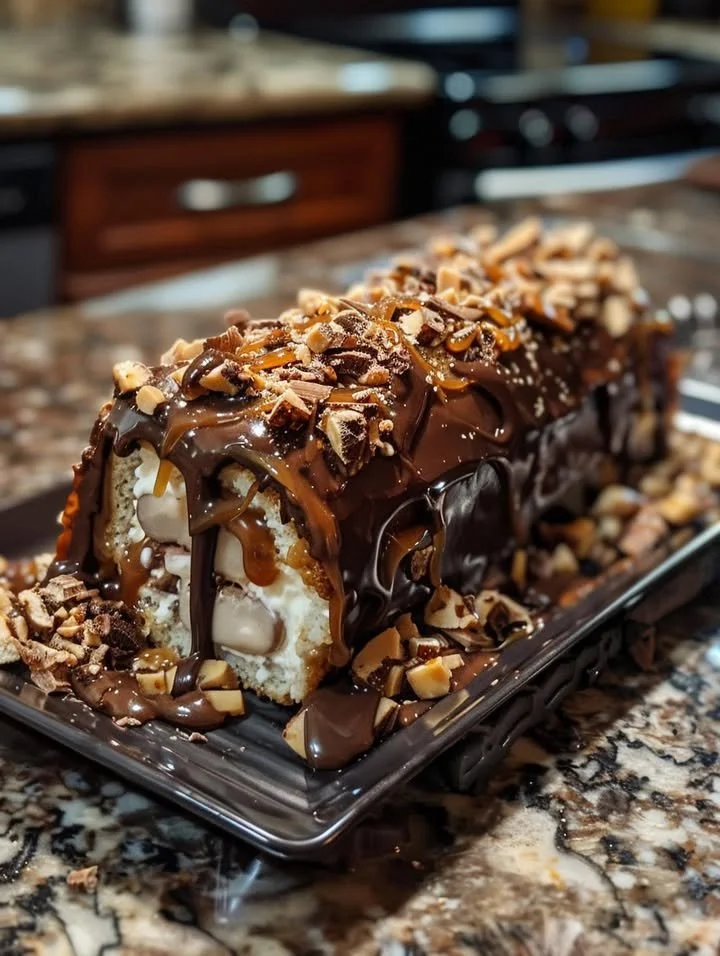 Gooey chocolate caramel turtle cake roll on a decorative plate.
