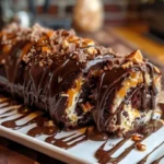 Delicious chocolate caramel turtle cake roll topped with caramel and pecans
