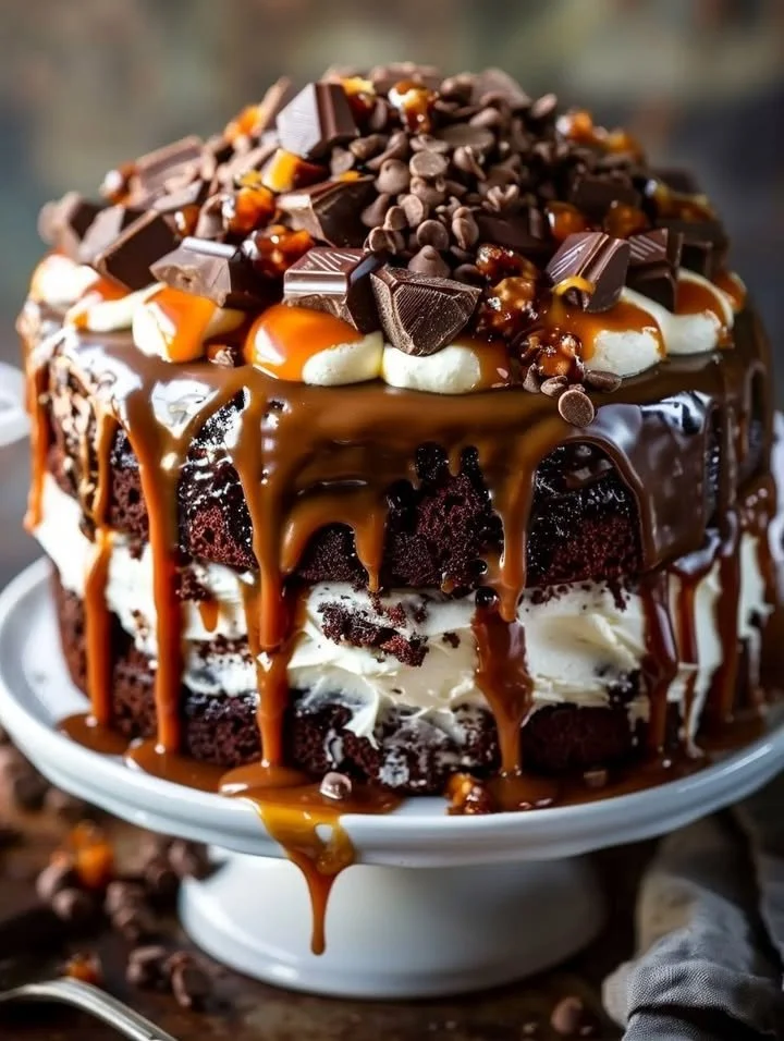 Gooey chocolate caramel turtle layer cake with rich chocolate and caramel drizzles
