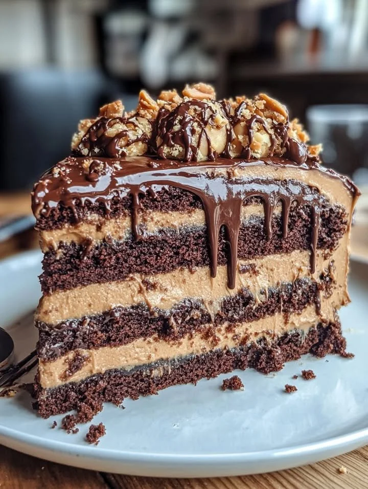 Gooey Chocolate Peanut Butter Cake topped with chocolate glaze and peanut butter drizzle.
