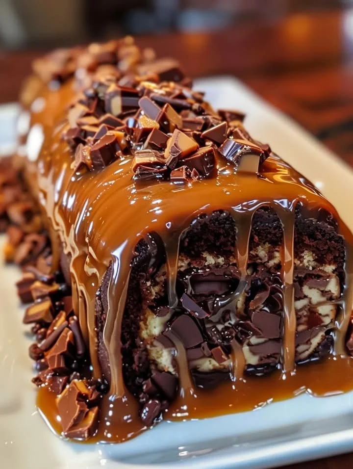 Luscious gooey chocolate raspberry turtle cake roll with chocolate drizzle