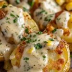 Gourmet smashed potatoes drizzled with creamy herb sauce on a elegant plate