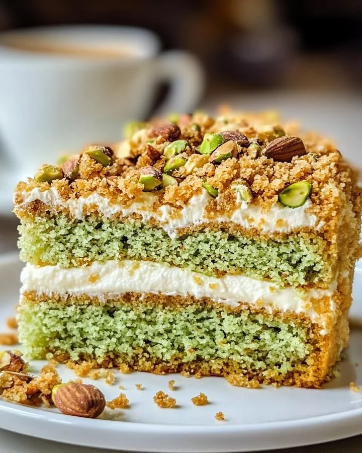 Grandma's Secret Pistachio Almond Coffee Cake topped with nuts and coffee glaze.