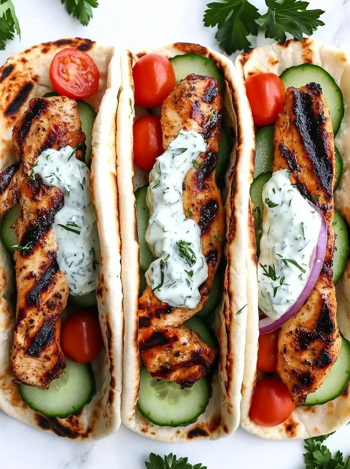 Delicious Greek Chicken Gyros served with cucumber tzatziki sauce