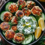 Greek chicken meatballs served with homemade tzatziki sauce on a plate.
