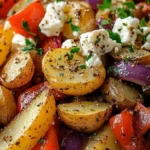 Delicious Greek roasted potatoes with peppers and feta cheese