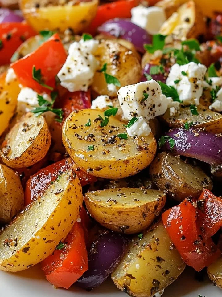 Delicious Greek roasted potatoes with peppers and feta cheese