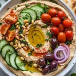 Bowl of Greek-Style Loaded Hummus topped with olives and herbs