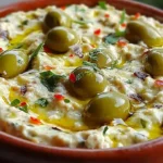 Creamy green olive and feta cheese dip served in a bowl with pita bread.