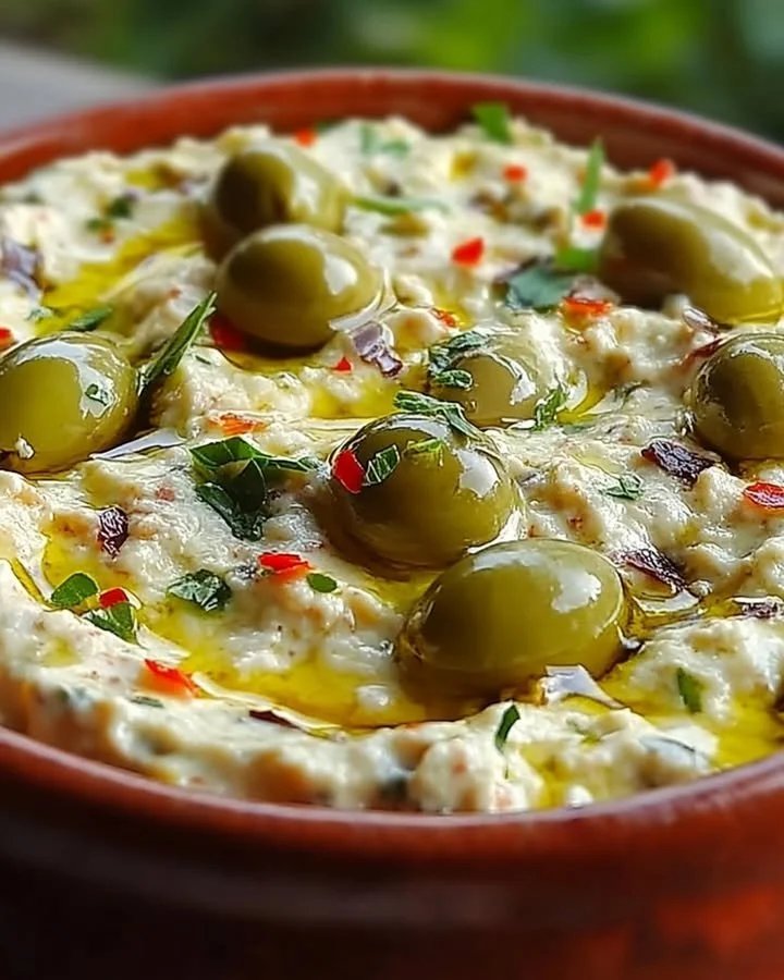 Creamy green olive and feta cheese dip served in a bowl with pita bread.