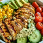 Grilled Chicken & Avocado Salad Bowl topped with fresh ingredients and vibrant colors.