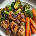 Delicious grilled chicken wings with roasted broccoli and carrots on a plate
