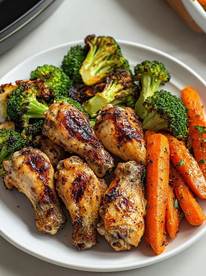 Delicious grilled chicken wings with roasted broccoli and carrots on a plate