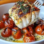 Plate of grilled cod topped with roasted tomatoes and creamy dill sauce