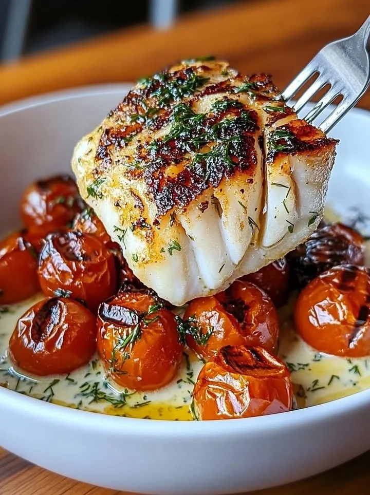 Plate of grilled cod topped with roasted tomatoes and creamy dill sauce
