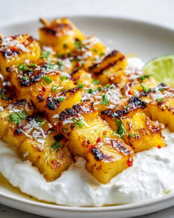 Grilled pineapple skewers topped with chili-lime glaze and served with coconut yogurt