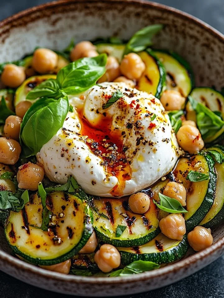 Grilled zucchini chickpea salad with burrata and a spicy kick