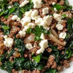Ground Beef and Spinach Skillet with Feta dish served in a skillet